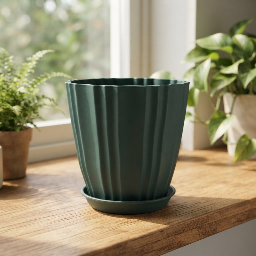 Colourful flower pot with matching tray - white view