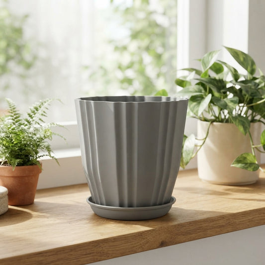 Colourful flower pot with matching tray - blue view