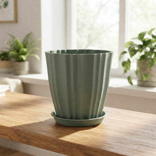 Colourful flower pot with matching tray - gray view