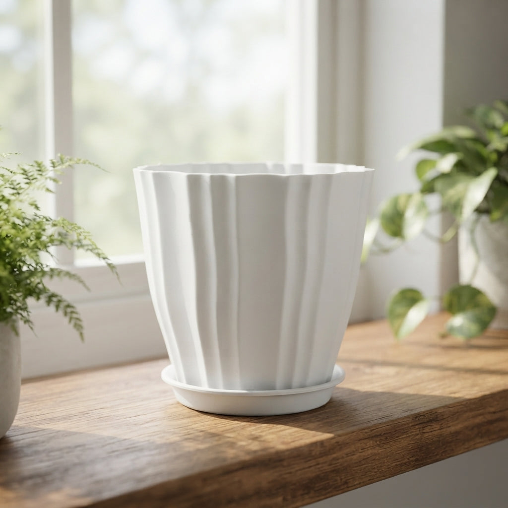 Colourful flower pot with matching tray - green view