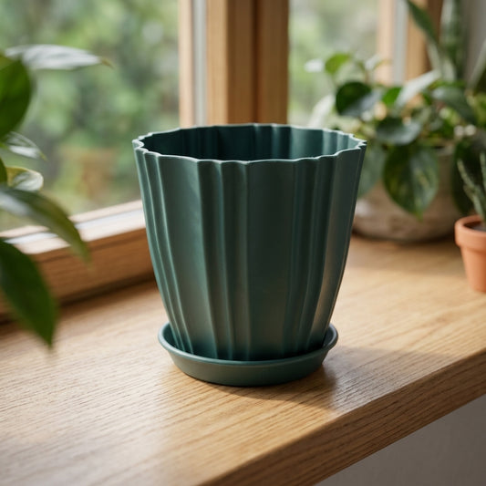 Dark teal ridged flower pot with matching tray