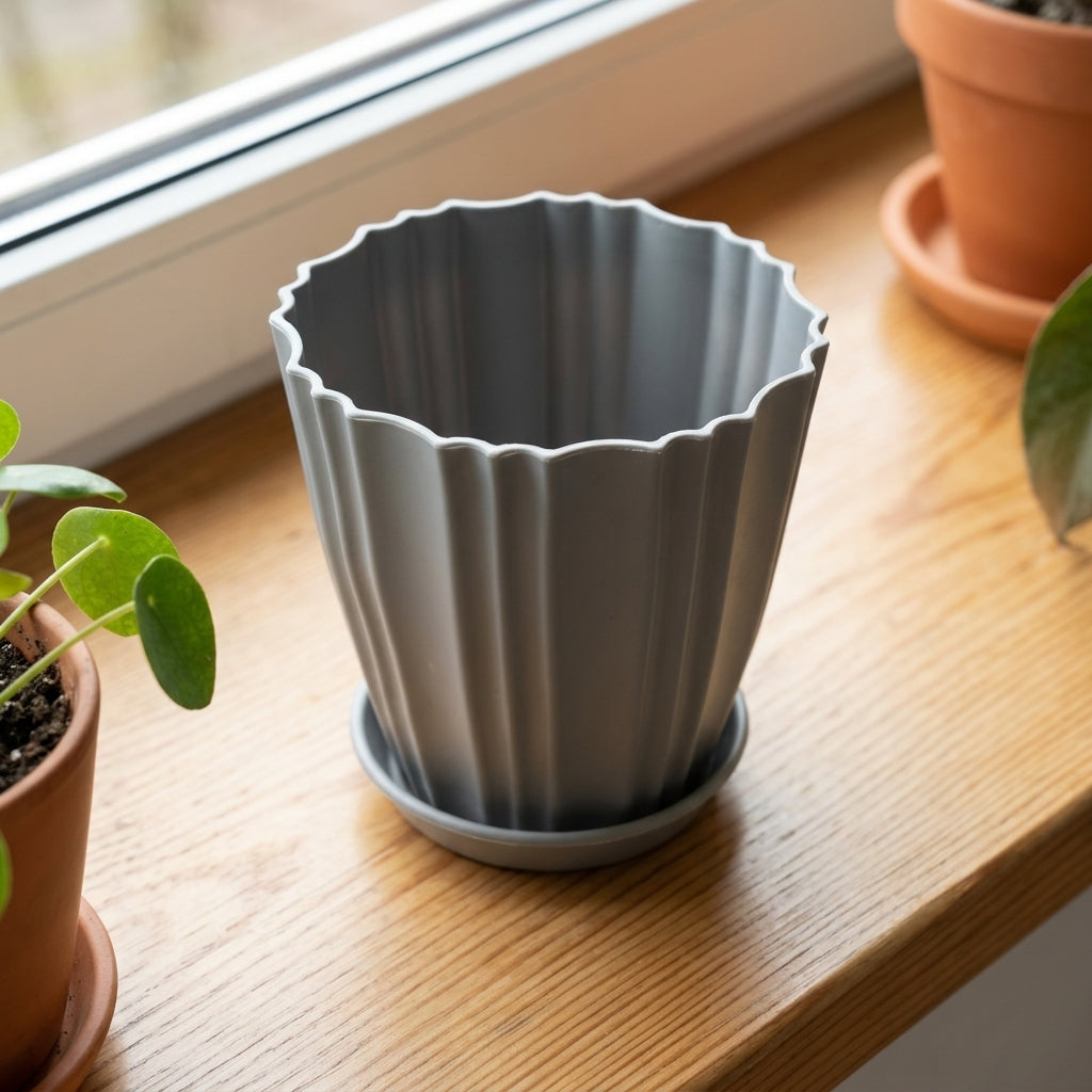 Small ridged flower pot with matching tray in assorted colours