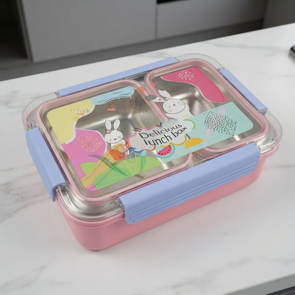 Pink kids colourful lunch box with spoon