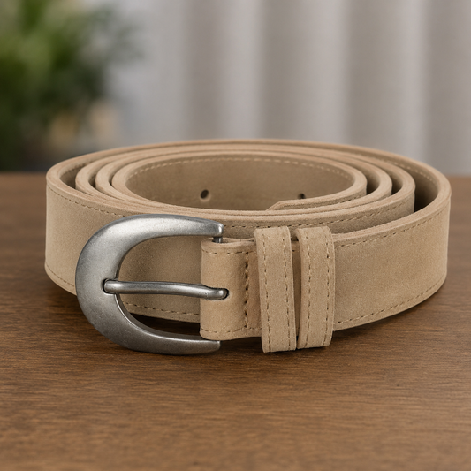 Beige wide oval buckle waist belt