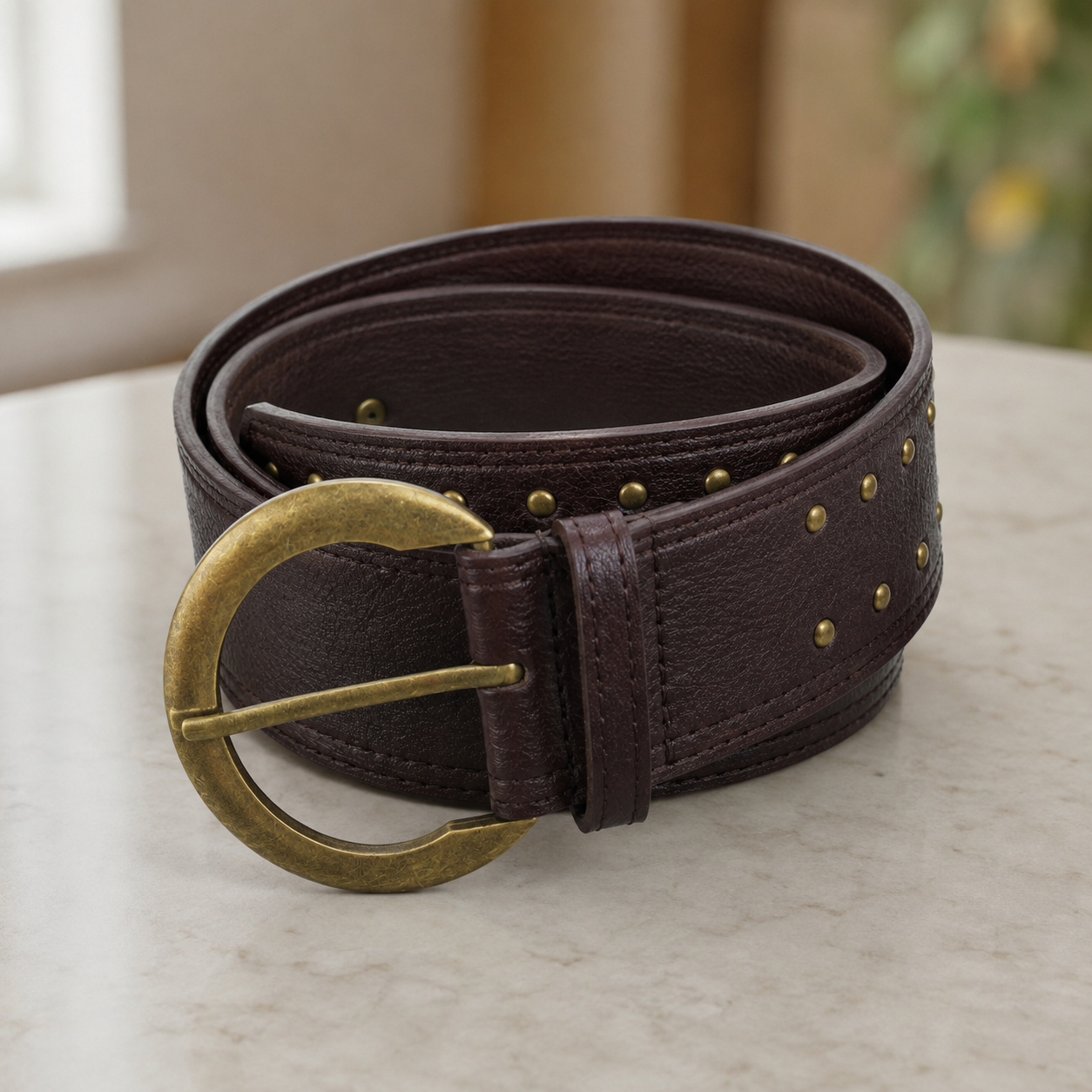 Brown wide studded fashion waist belt