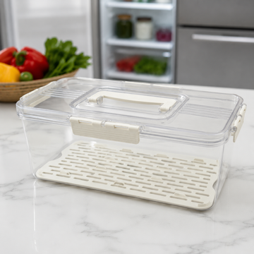 Clear fridge storage box with removable drain tray