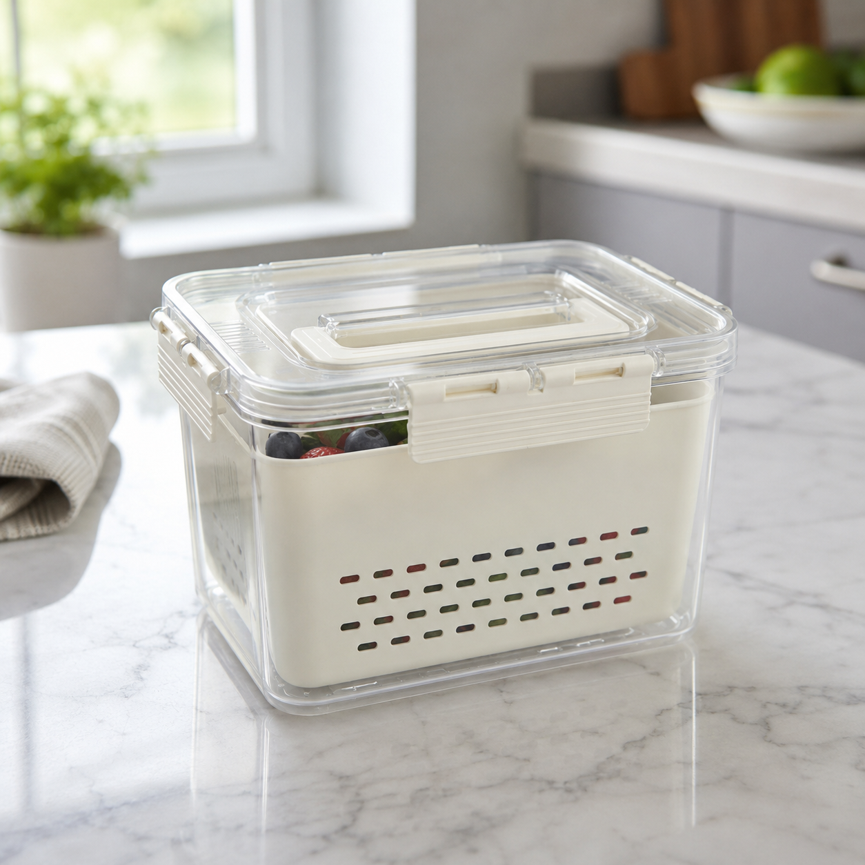 Clear fridge storage box with handle and basket