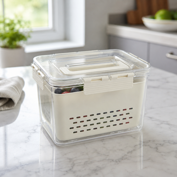 Clear fridge storage box with handle and basket