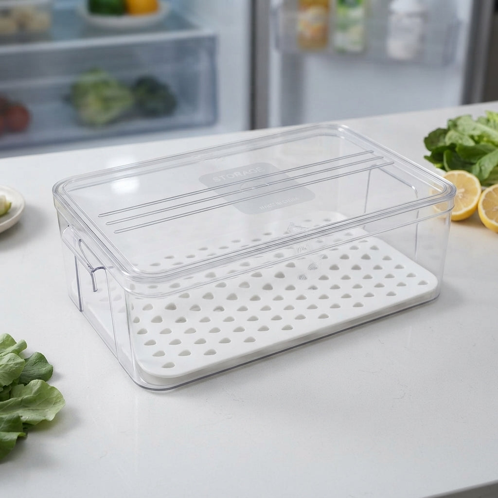Clear fridge produce storage box with removable draining tray and lid