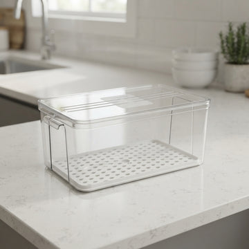 Clear fridge produce storage box with drain tray