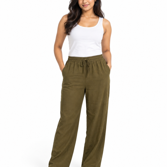 Cinnamon Isle Women's Elastic Drawstring Waist Wide-Leg Casual Pants - Front Standing View (Photo 1)