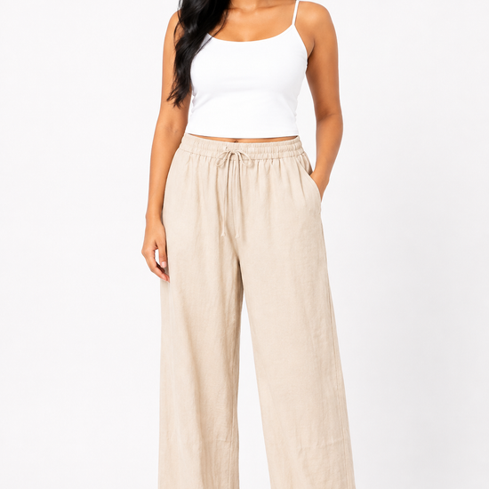 Cinnamon Isle Women's Elastic Drawstring Waist Wide-Leg Casual Pants - Front Standing View (Photo 4)