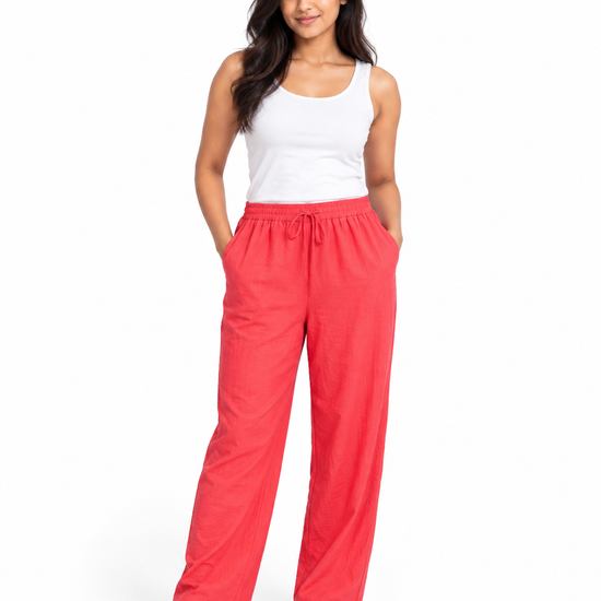 Cinnamon Isle Women's Elastic Drawstring Waist Wide-Leg Casual Pants - Front Standing View (Photo 3)
