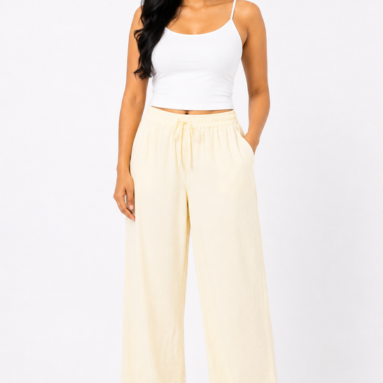 Cinnamon Isle Women's Elastic Drawstring Waist Wide-Leg Casual Pants - Front Standing View (Photo 2)