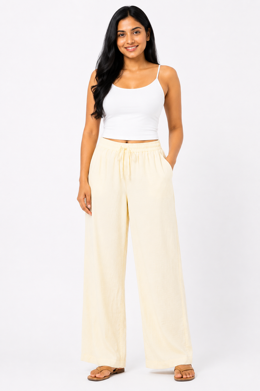 Cinnamon Isle Women's Elastic Drawstring Waist Wide-Leg Casual Pants - Front Standing View (Photo 2)