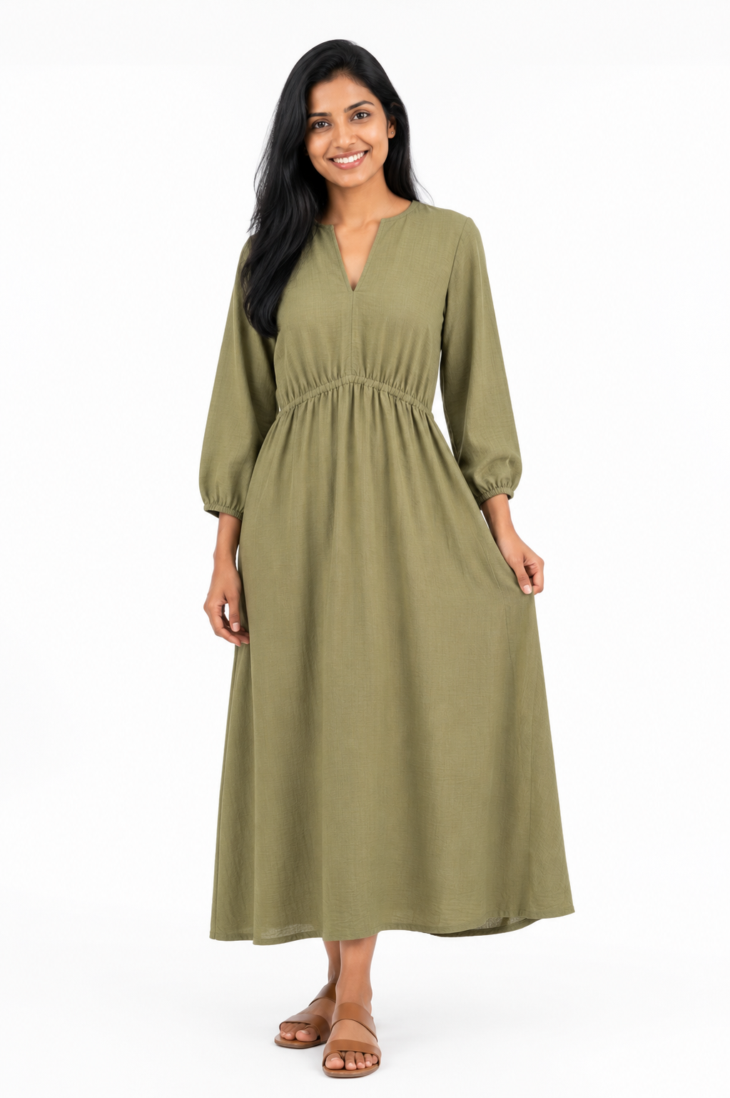Nuvaara Women's Polka Dot Elastic Waist Flared Midi Dress - Full Length Standing View (Photo 2)