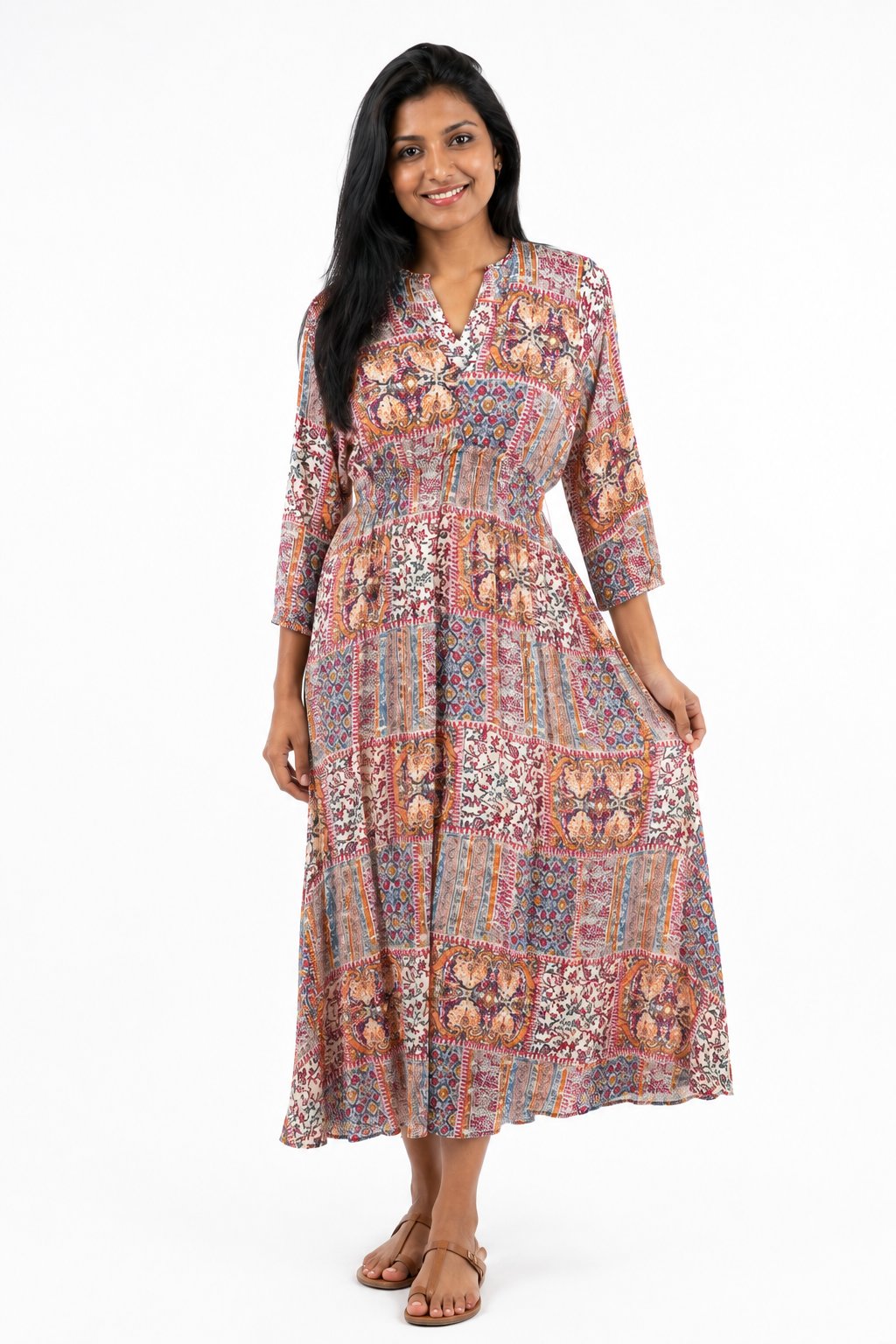 Nuvaara Women's Polka Dot Elastic Waist Flared Midi Dress - Full Length Standing View (Photo 3)