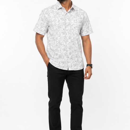 Men's white short sleeve shirt with grey mini graphic print