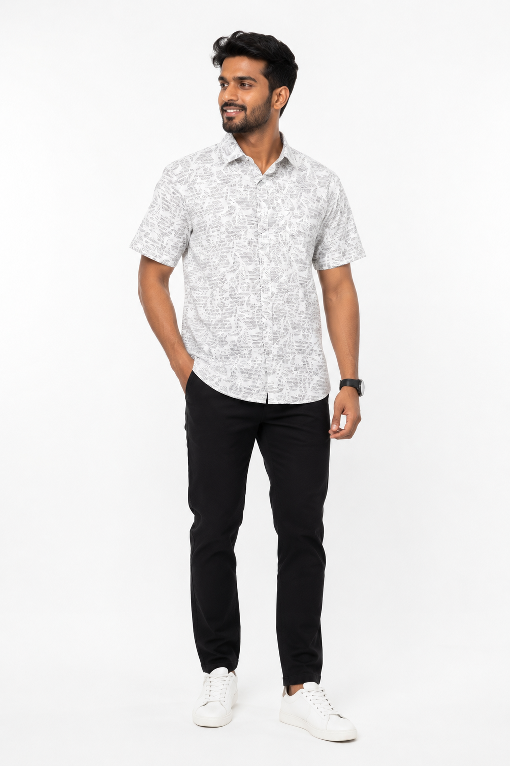 Men's white short sleeve shirt with grey mini graphic print