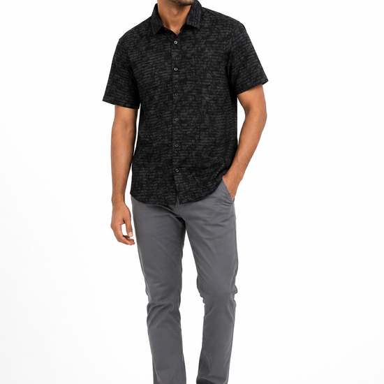 Men's black short sleeve shirt with tonal graphic print