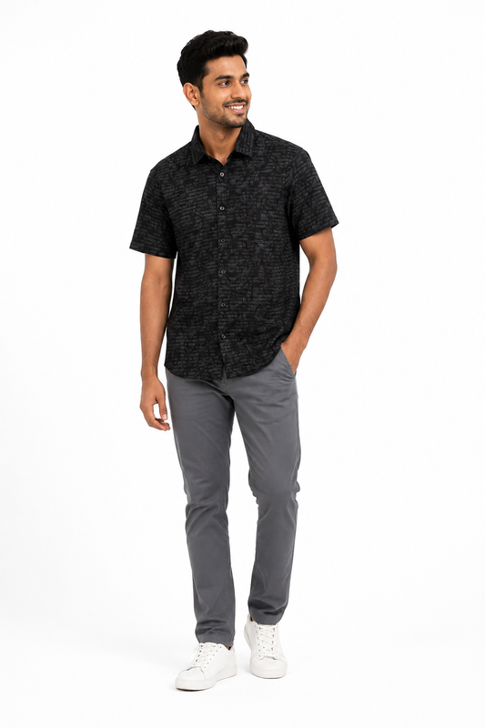 Men's black short sleeve shirt with tonal graphic print