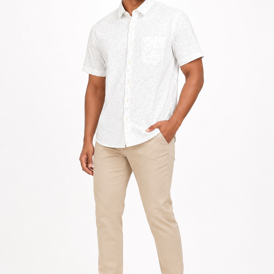 Men's off-white short sleeve shirt with fine abstract line print