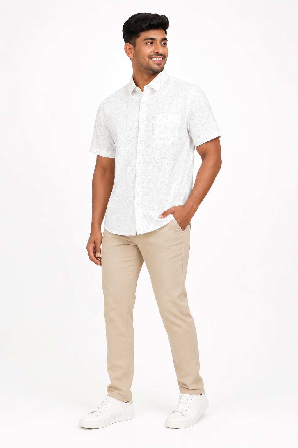 Men's off-white short sleeve shirt with fine abstract line print