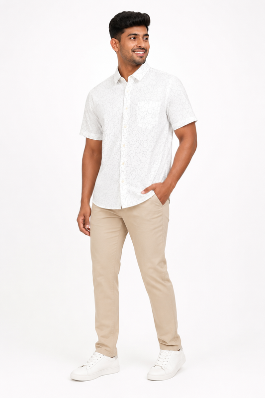 Men's off-white short sleeve shirt with fine abstract line print