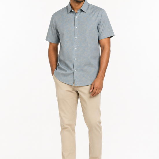Men's pale blue short sleeve shirt with botanical line print