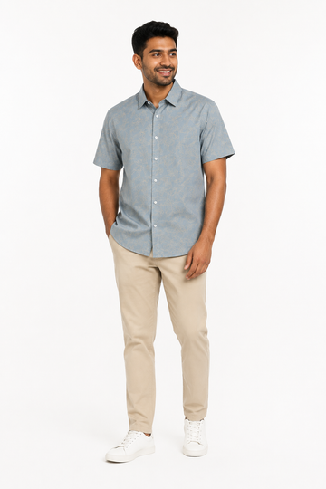 Men's pale blue short sleeve shirt with botanical line print