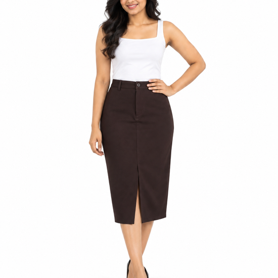 Isle Closet Women's High-Waisted Front-Slit Midi Pencil Skirt - Front Standing View (Photo 4)