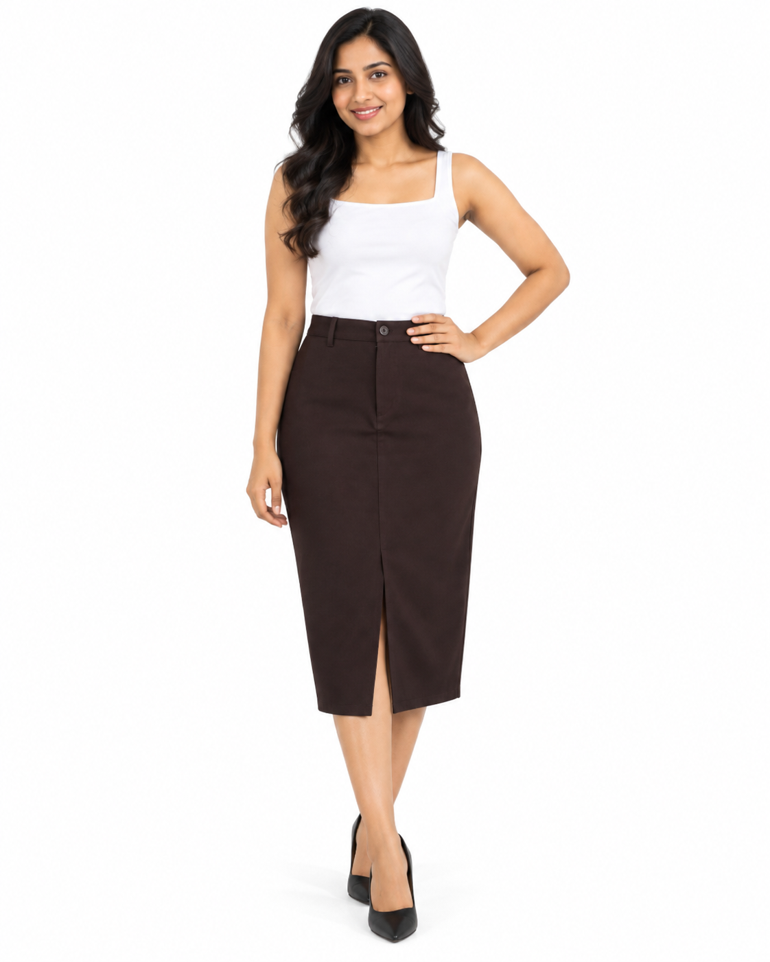 Isle Closet Women's High-Waisted Front-Slit Midi Pencil Skirt - Front Standing View (Photo 4)