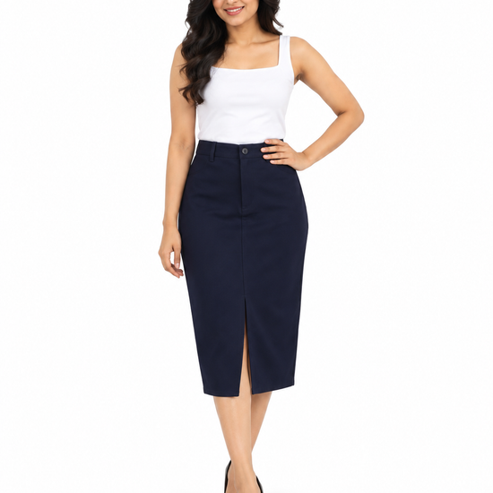 Isle Closet Women's High-Waisted Front-Slit Midi Pencil Skirt - Front Standing View (Photo 3)