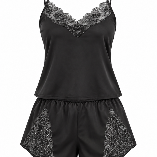 Wearmore Women's Lace-Trim Satin Camisole & Shorts Pajama Set - Front Laydown View (Photo 1)