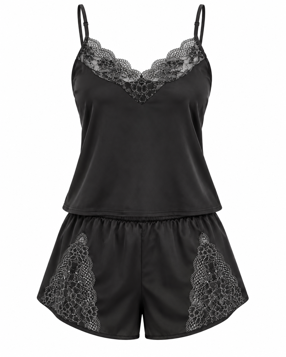 Wearmore Women's Lace-Trim Satin Camisole & Shorts Pajama Set - Front Laydown View (Photo 1)