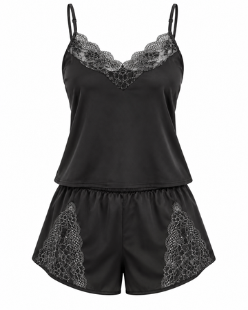 Wearmore Women's Lace-Trim Satin Camisole & Shorts Pajama Set - Front Laydown View (Photo 1)