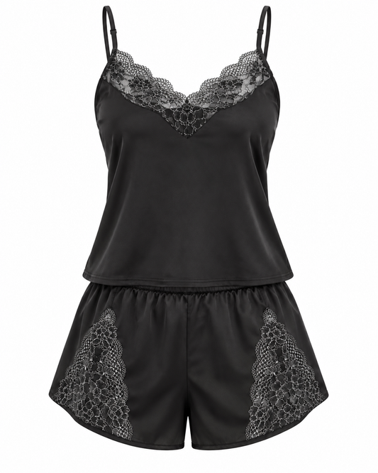 Wearmore Women's Lace-Trim Satin Camisole & Shorts Pajama Set - Front Laydown View (Photo 1)