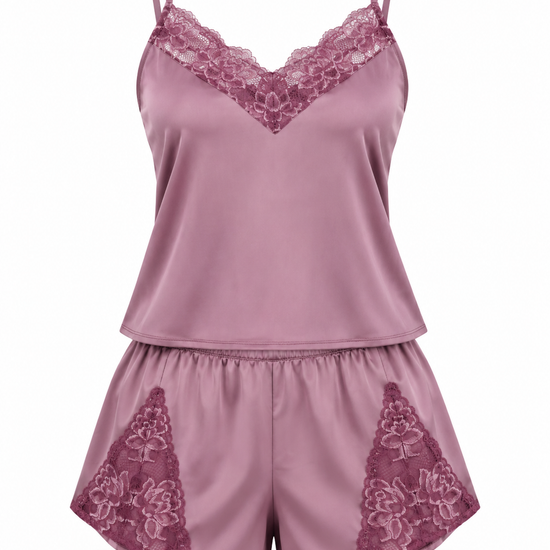 Wearmore Women's Lace-Trim Satin Camisole & Shorts Pajama Set - Front Laydown View (Photo 2)