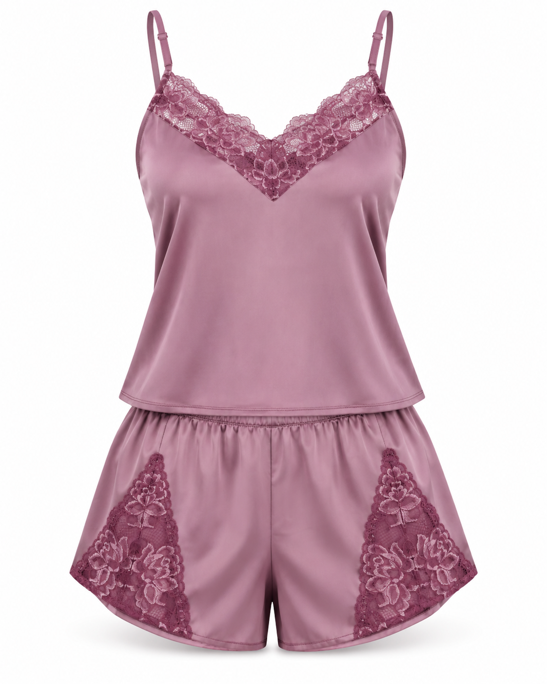 Wearmore Women's Lace-Trim Satin Camisole & Shorts Pajama Set - Front Laydown View (Photo 2)