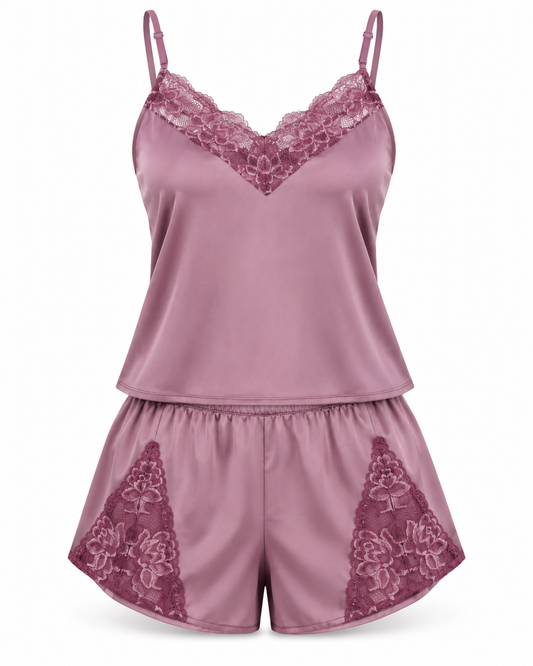 Wearmore Women's Lace-Trim Satin Camisole & Shorts Pajama Set - Front Laydown View (Photo 2)
