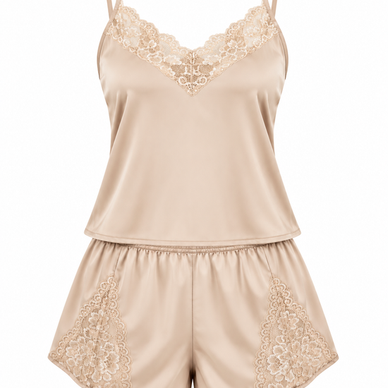 Wearmore Women's Lace-Trim Satin Camisole & Shorts Pajama Set - Front Laydown View (Photo 3)