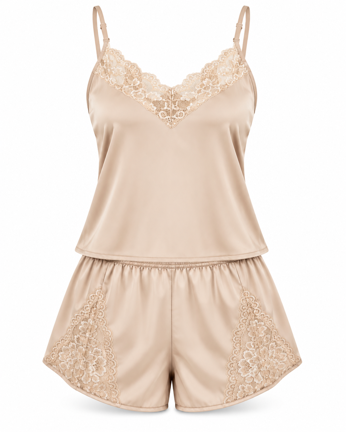 Wearmore Women's Lace-Trim Satin Camisole & Shorts Pajama Set - Front Laydown View (Photo 3)