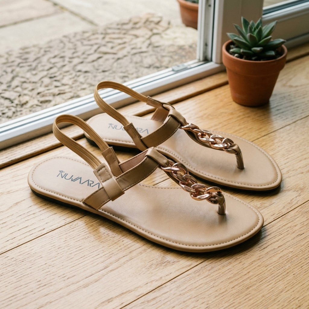 Nuvaara Women's Gold Chain T-Strap Slingback Flat Sandals - Perspective Pair View (Photo 2)