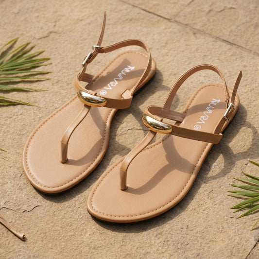 Nuvaara Women's Gold Bar T-Strap Buckle Ankle Flat Sandals - Top Pair View (Photo 2)