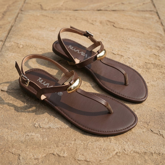 Nuvaara Women's Gold Bar T-Strap Buckle Ankle Flat Sandals - Top Pair View (Photo 3)