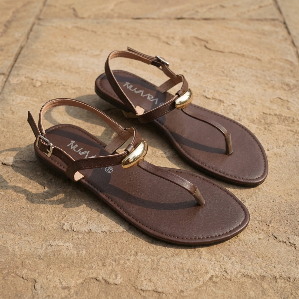 Nuvaara Women's Gold Bar T-Strap Buckle Ankle Flat Sandals - Top Pair View (Photo 3)