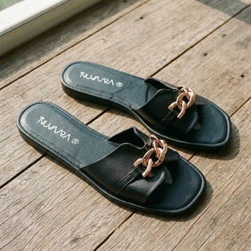 Nuvaara Women's Gold Chain Accent Square-Toe Flat Slide Sandals - Top Pair View (Photo 1)