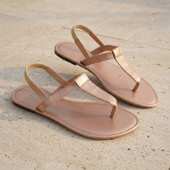 Women's Metallic Champagne Gold T-Strap Slingback Flat Sandals - Perspective Pair View (Photo 2)