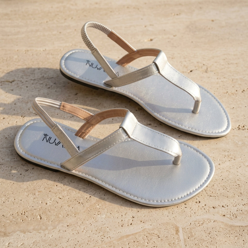 Women's Metallic Champagne Gold T-Strap Slingback Flat Sandals - Perspective Pair View (Photo 3)