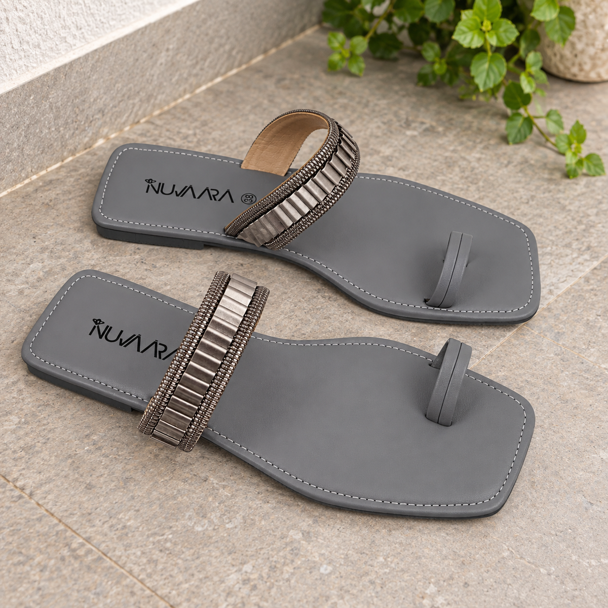 Nuvaara Women's Metallic Pleated Accent Square-Toe Slide Sandals - Top Pair View (Photo 1)
